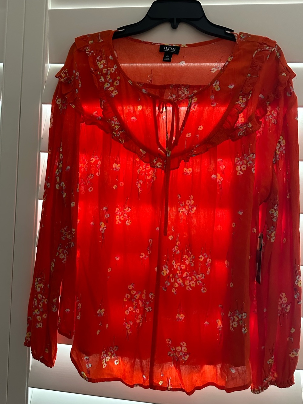 NWT ANA Red Sheer Floral Ruffle-Tie Blouse
Size XL